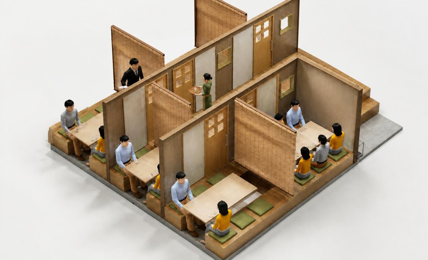 3D図面のサンプル:掘りごたつの個室がある和食店