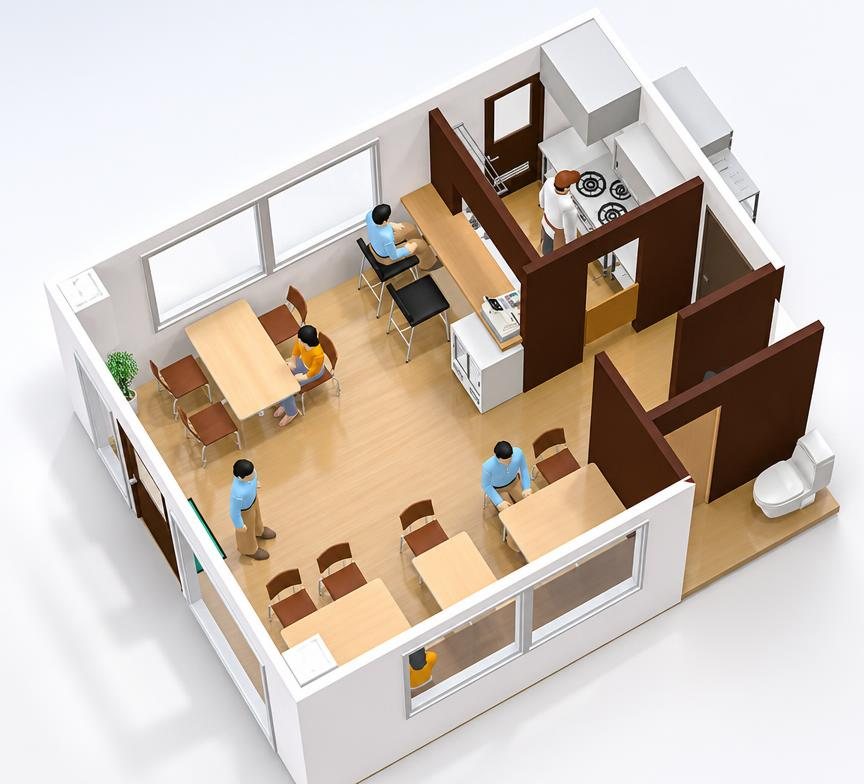 3D図面のサンプル:厨房とトイレのある小さなカフェ