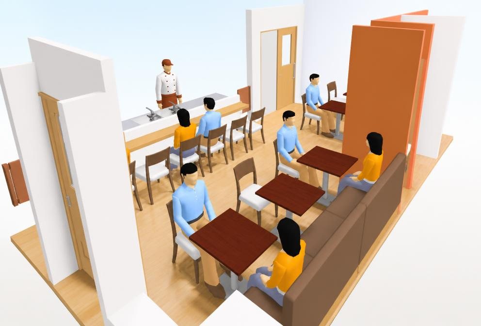 3D図面のサンプル:カウンター席とテーブル席のある飲食店